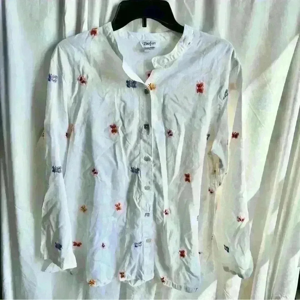 Toofan White Button Down Shirt w/ Embroidered Multicolor Butterflies Size M